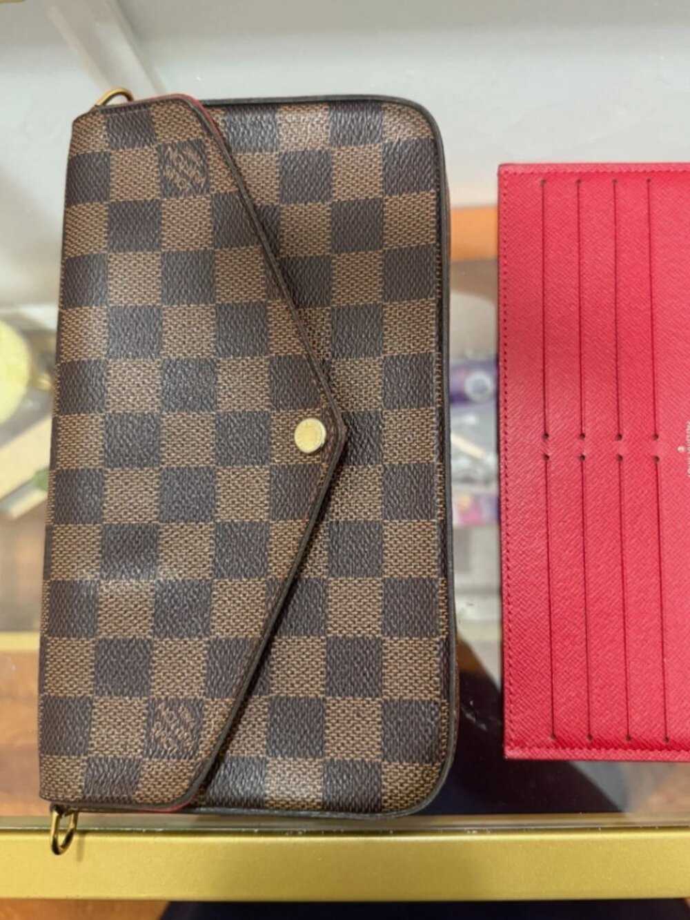 Louis Vuitton Damier Ebene Felicie with Red Wallet Insert Gold Chain Strap